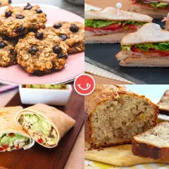 Galletas de avena, sándwiches, burritos y pan de plátano, opciones deliciosas para una merienda sana.