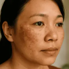 Primer plano de una mujer con melasma facial, mostrando manchas oscuras en las mejillas y la frente.