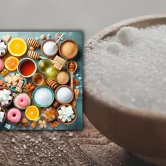 Variedad de alternativas al azúcar: cubos de azúcar, miel, naranjas, donas y frutos secos.