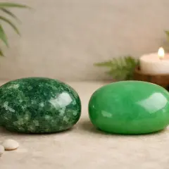 Dos piedras de jade pulidas, una verde moteada y otra lisa y brillante, junto a una vela encendida y rocas. Descubre las piedra jade propiedades.