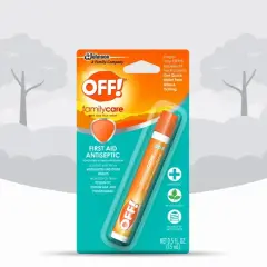 El empaque de OFF! Familycare ofrece alivio rápido para picaduras de mosquitos y otros insectos, actuando como un antiséptico y calmando la picazón.