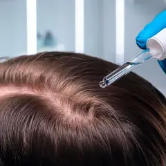 Un guante azul aplica un suero en el cuero cabelludo, buscando el mejor tratamiento capilar para revitalizar el cabello.