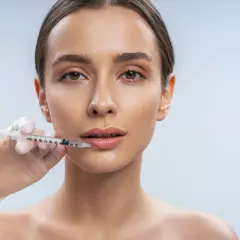 Una mano enguantada aplica ácido hialurónico en los labios de una mujer para darles volumen y definición.