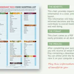Lista de alimentos ricos en antioxidantes con verduras, frutas, bayas, frutos secos, semillas, especias, cereales, frutas secas y bebidas.