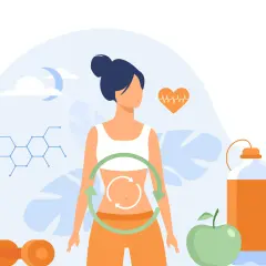 Mujer con símbolo de ciclo en abdomen, representando los tipos de metabolismo. Incluye pesas, manzana, botella y gráfico de ritmo cardíaco.