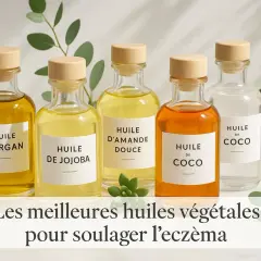 Cinco botellas de aceites vegetales: argán, jojoba, almendras dulces y coco. El mejor aceite esencial para la dermatitis.
