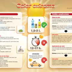 Infografía sobre calor extremo, consejos para evitar el golpe de calor en casa y posibles complicaciones.