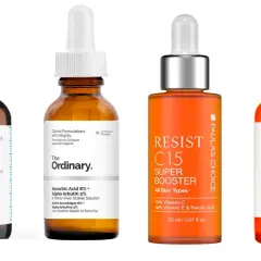 Cuatro sérums de vitamina C, algunos con posibles efectos secundarios en la cara, como irritación.