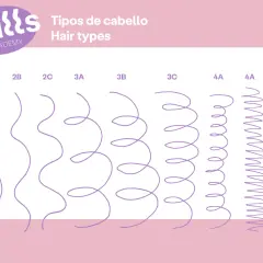 Ilustración de tipos de cabello, mostrando desde liso hasta rizos muy definidos. Guía visual de tipos de rizos.