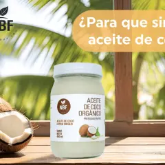 Descubre para qué sirve el aceite de coco orgánico NBF. Un frasco de aceite de coco extra virgen junto a cocos frescos, ideal para tu bienestar.
