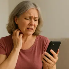 Mujer con cabello gris se rasca el cuello, preocupada mientras mira su teléfono, buscando cómo aliviar los picores en la menopausia.