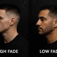 Dos hombres con cortes de pelo modernos. El de la izquierda tiene un *side part fade* alto, el de la derecha, uno bajo.