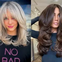 Dos mujeres lucen un corte mariposa, una con cabello rubio y flequillo, la otra con cabello castaño largo y voluminoso.
