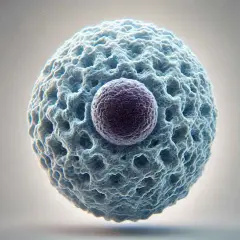Célula con núcleo púrpura y citoplasma azul texturizado. Podría representar un escenario de linfocitos altos, indicando una respuesta inmune activa.