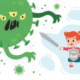 Niña con escudo de vacuna COVID-19 y espada se enfrenta a un virus gigante. Es peligroso tener las defensas bajas.