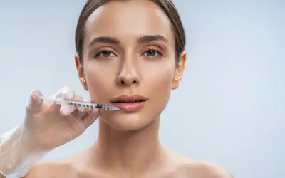 Una mano enguantada aplica ácido hialurónico en los labios de una mujer para darles volumen y definición.