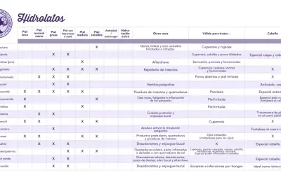 Tabla de hidrolatos y sus usos. Muestra qué principios activos cosméticos son ideales para diferentes tipos de piel y problemas.