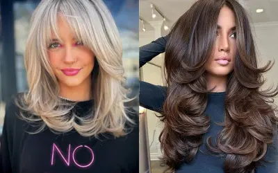 Dos mujeres lucen un corte mariposa, una con cabello rubio y flequillo, la otra con cabello castaño largo y voluminoso.
