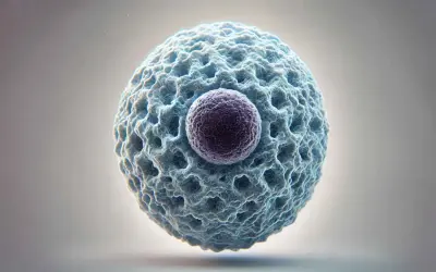 Célula con núcleo púrpura y citoplasma azul texturizado. Podría representar un escenario de linfocitos altos, indicando una respuesta inmune activa.