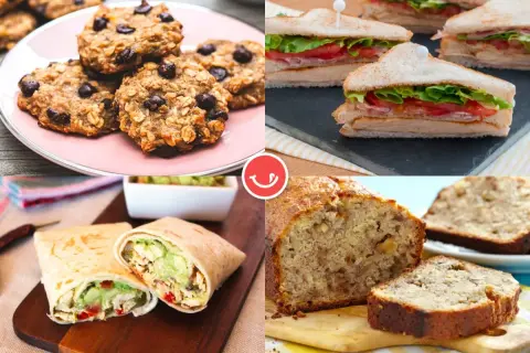Galletas de avena, sándwiches, burritos y pan de plátano, opciones deliciosas para una merienda sana.