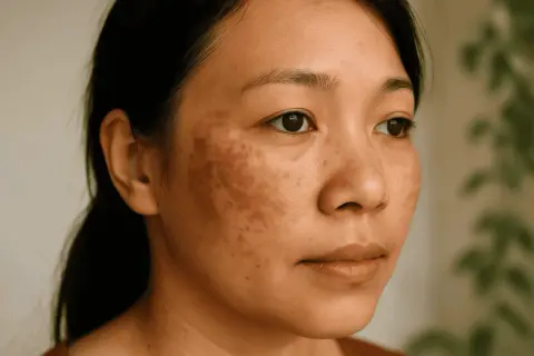 Primer plano de una mujer con melasma facial, mostrando manchas oscuras en las mejillas y la frente.