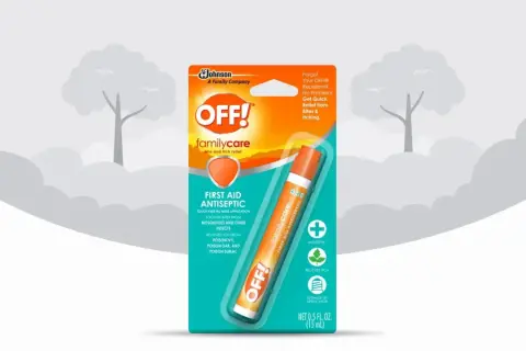 El empaque de OFF! Familycare ofrece alivio rápido para picaduras de mosquitos y otros insectos, actuando como un antiséptico y calmando la picazón.