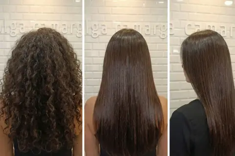 Antes y después de un tratamiento de queratina que es. Cabello rizado y encrespado se transforma en liso y brillante.