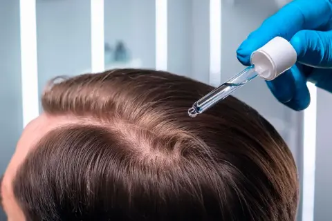 Un guante azul aplica un suero en el cuero cabelludo, buscando el mejor tratamiento capilar para revitalizar el cabello.