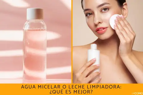 Botella de agua micelar rosa y mujer aplicándose leche limpiadora en el rostro con un disco de algodón.
