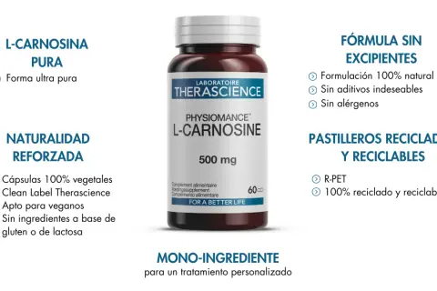 L-Carnosina pura 500 mg: descubre para qué sirve este suplemento monoingrediente, con fórmula natural y cápsulas vegetales.