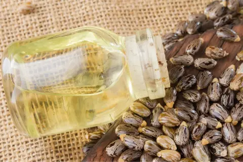 Aceite de ricino para manchas de la cara. Botella de aceite de ricino junto a semillas de ricino sobre fondo de arpillera.