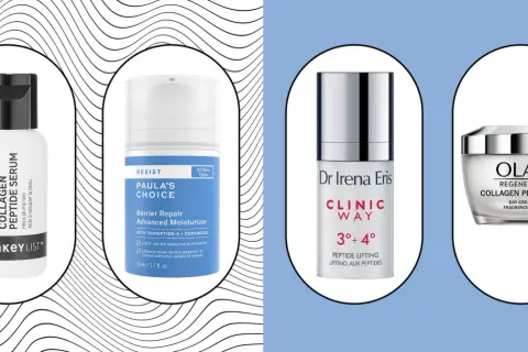 Rutina de cuidado facial con péptidos para la cara: serum, crema y loción de The Inkey List, Paula's Choice, Dr. Irena Eris y Olay.