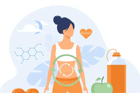 Mujer con símbolo de ciclo en abdomen, representando los tipos de metabolismo. Incluye pesas, manzana, botella y gráfico de ritmo cardíaco.