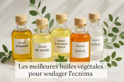Cinco botellas de aceites vegetales: argán, jojoba, almendras dulces y coco. El mejor aceite esencial para la dermatitis.