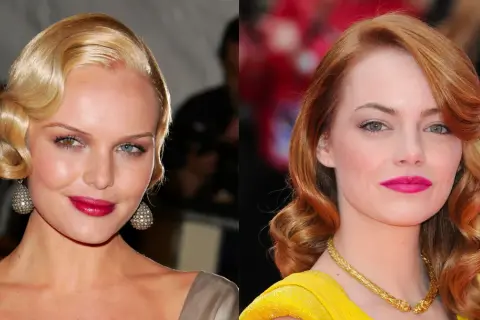 Dos mujeres con peinados años 20: una rubia con ondas marcadas y otra pelirroja con rizos elegantes.
