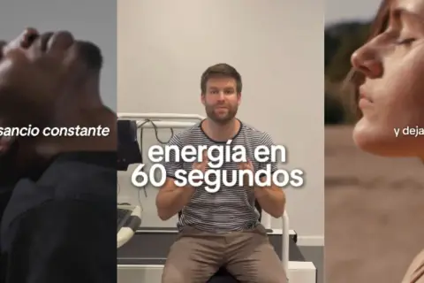 Cómo combatir el cansancio extremo: hombre con energía en 60 segundos, mientras otro sufre cansancio constante y una mujer respira profundo.