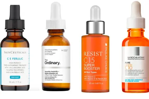 Cuatro sérums de vitamina C, algunos con posibles efectos secundarios en la cara, como irritación.