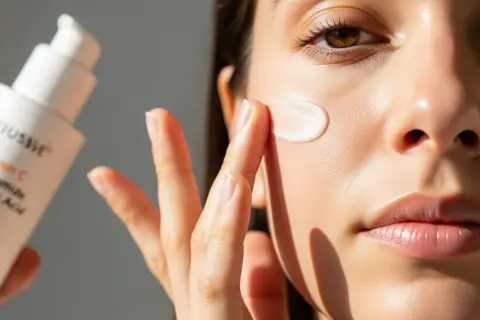 Una mano aplica crema con ácido salicílico y vitamina C en el rostro.
