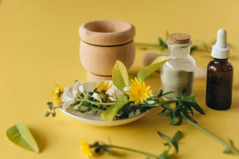 Mortar de madera, flores y hierbas frescas, polvo verde en frasco y frasco de aceite ámbar, listos para crear sinergias de aceites esenciales.