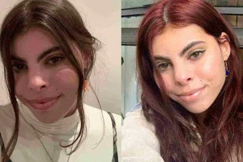Antes y después: cómo quitar un tinte rojo para poner un castaño. Mujer con cabello castaño y luego con cabello rojo.