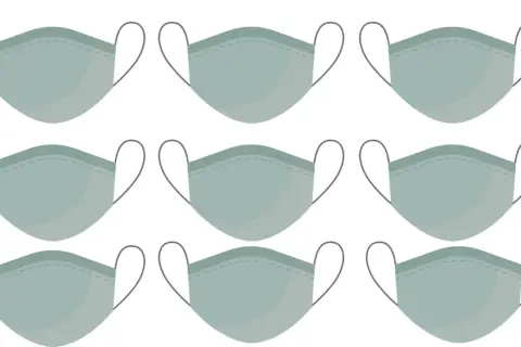Nueve mascarillas grises, un recordatorio visual para aprender cómo combatir el maskné y cuidar tu piel.