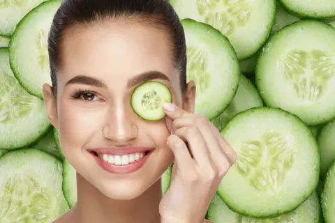 Una mujer sonríe mientras se coloca una rodaja de pepino en el ojo, rodeada de más rodajas de pepino.