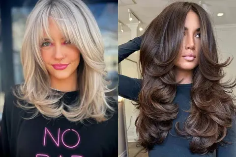 Dos mujeres lucen un corte mariposa, una con cabello rubio y flequillo, la otra con cabello castaño largo y voluminoso.