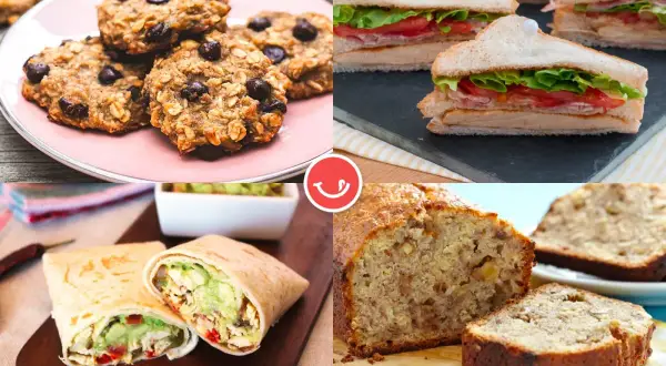 Galletas de avena, sándwiches, burritos y pan de plátano, opciones deliciosas para una merienda sana.