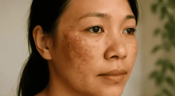 Primer plano de una mujer con melasma facial, mostrando manchas oscuras en las mejillas y la frente.