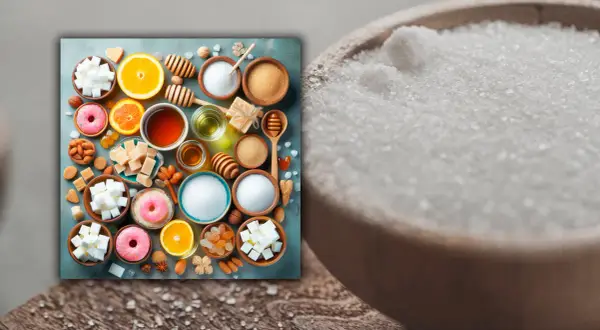 Variedad de alternativas al azúcar: cubos de azúcar, miel, naranjas, donas y frutos secos.