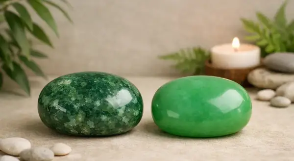 Dos piedras de jade pulidas, una verde moteada y otra lisa y brillante, junto a una vela encendida y rocas. Descubre las piedra jade propiedades.