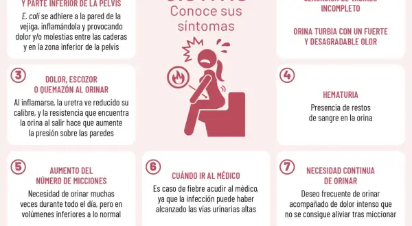 La cistitis, aunque no es contagiosa, causa dolor lumbar, ardor al orinar, orina turbia y necesidad constante de miccionar.