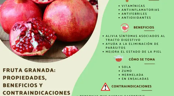 Granada fruta: entera y partida, mostrando sus jugosas semillas rojas. Información sobre sus propiedades, beneficios y cómo consumirla.