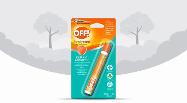 El empaque de OFF! Familycare ofrece alivio rápido para picaduras de mosquitos y otros insectos, actuando como un antiséptico y calmando la picazón.